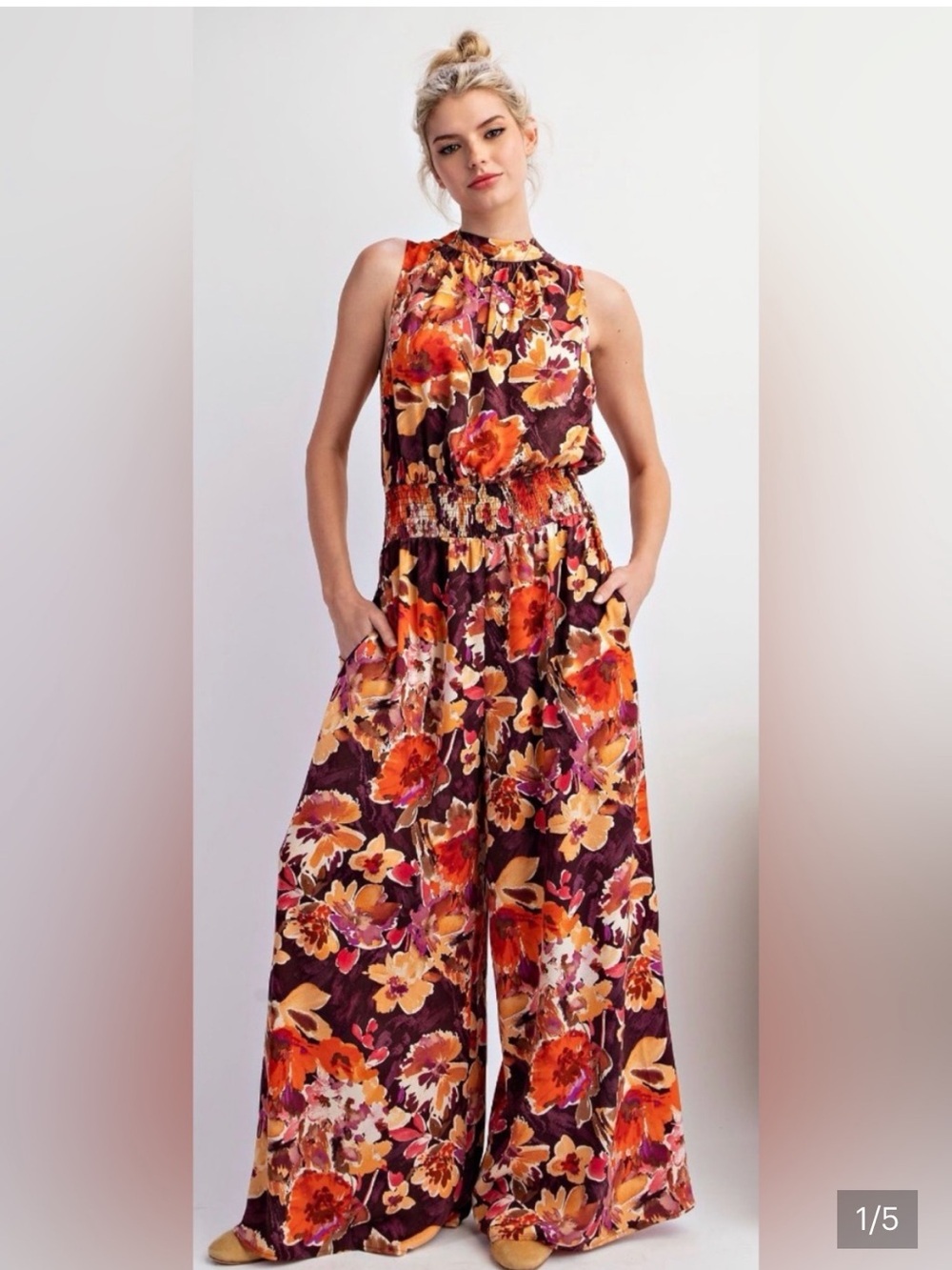 Easel Sleeveless Floral Jumpsuit in Brown with Orange Blooms